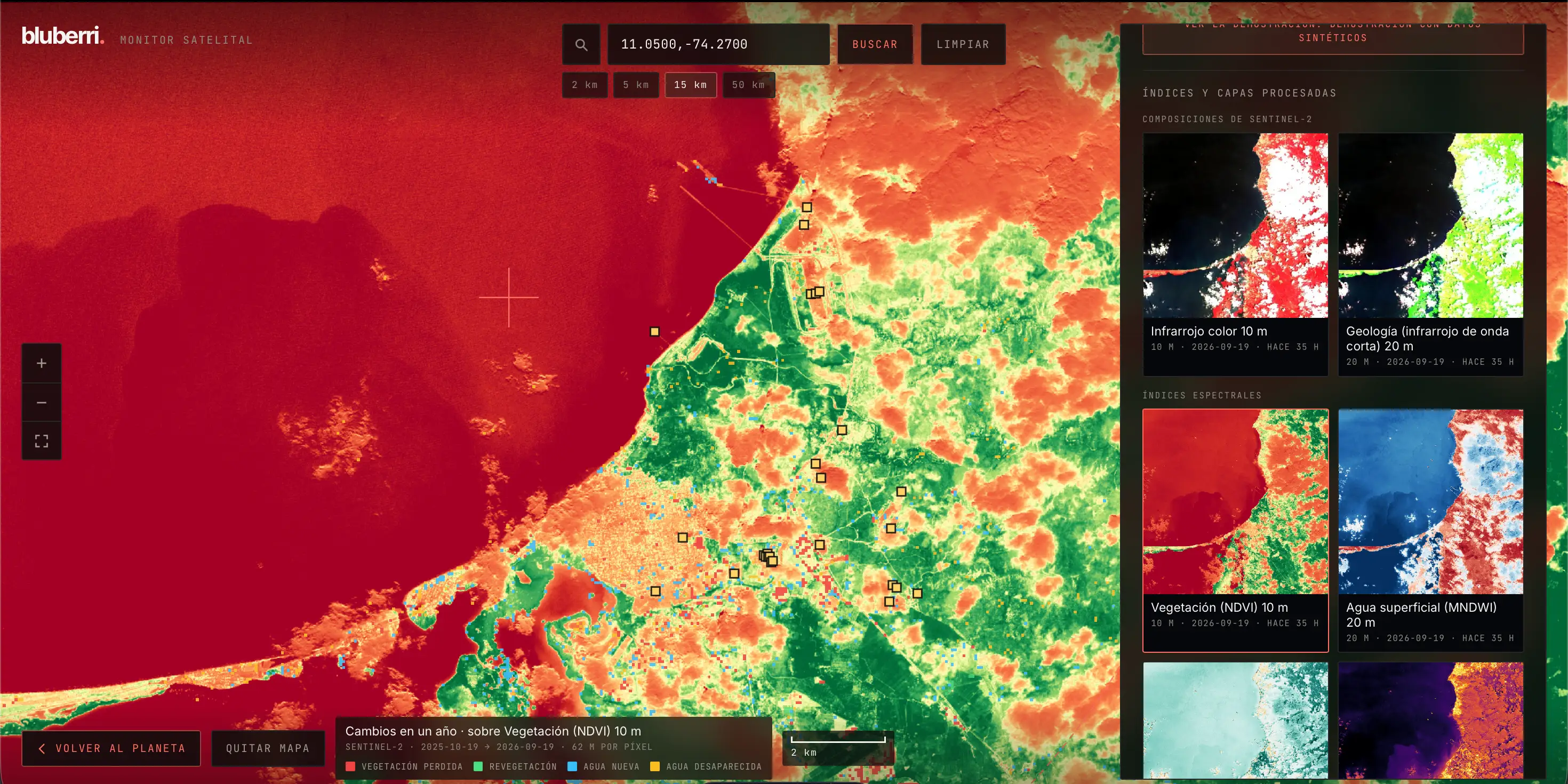 Cambios de vegetación en un año sobre el índice NDVI