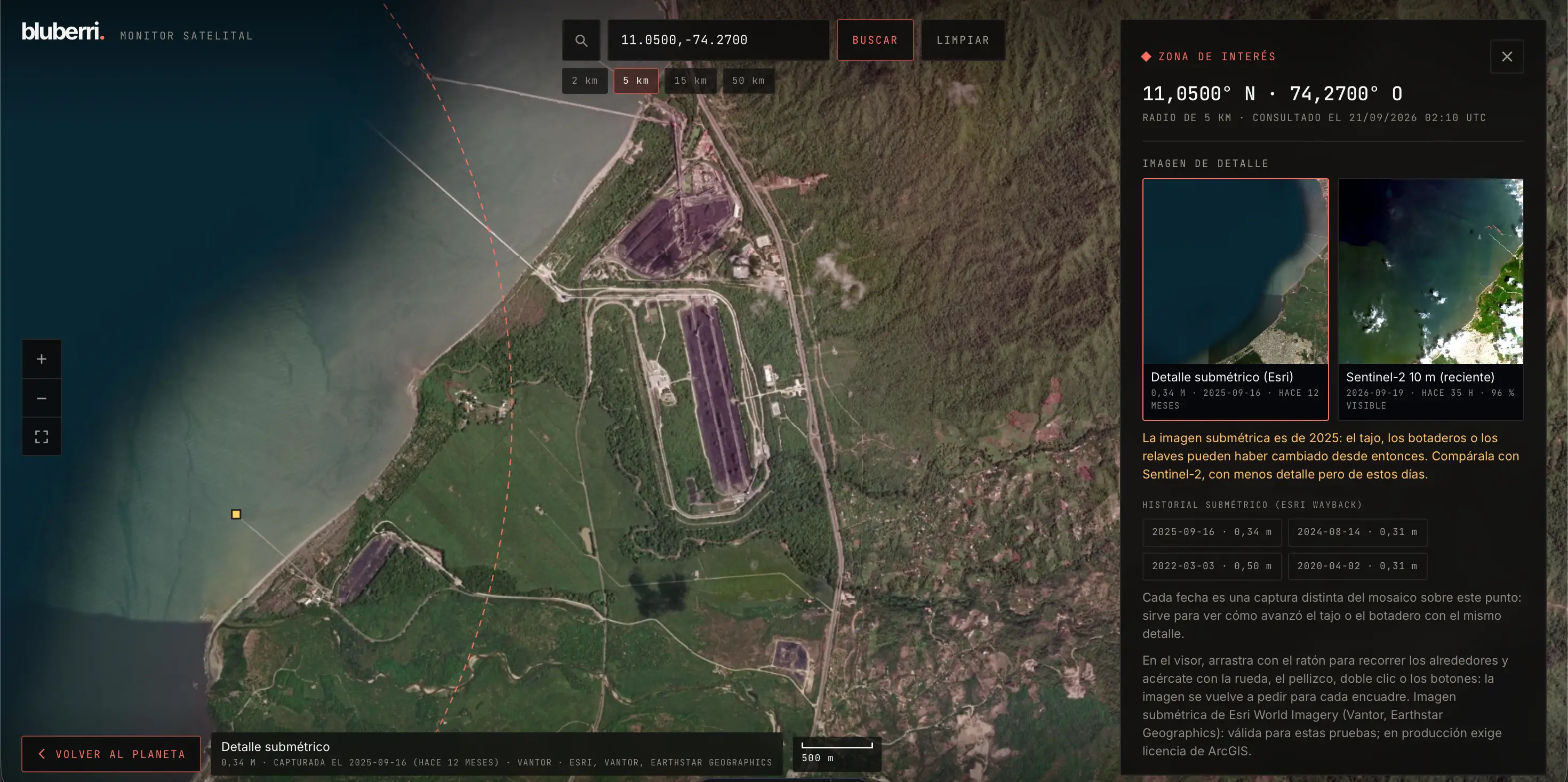 Zona de interés con detalle submétrico y comparación con Sentinel-2