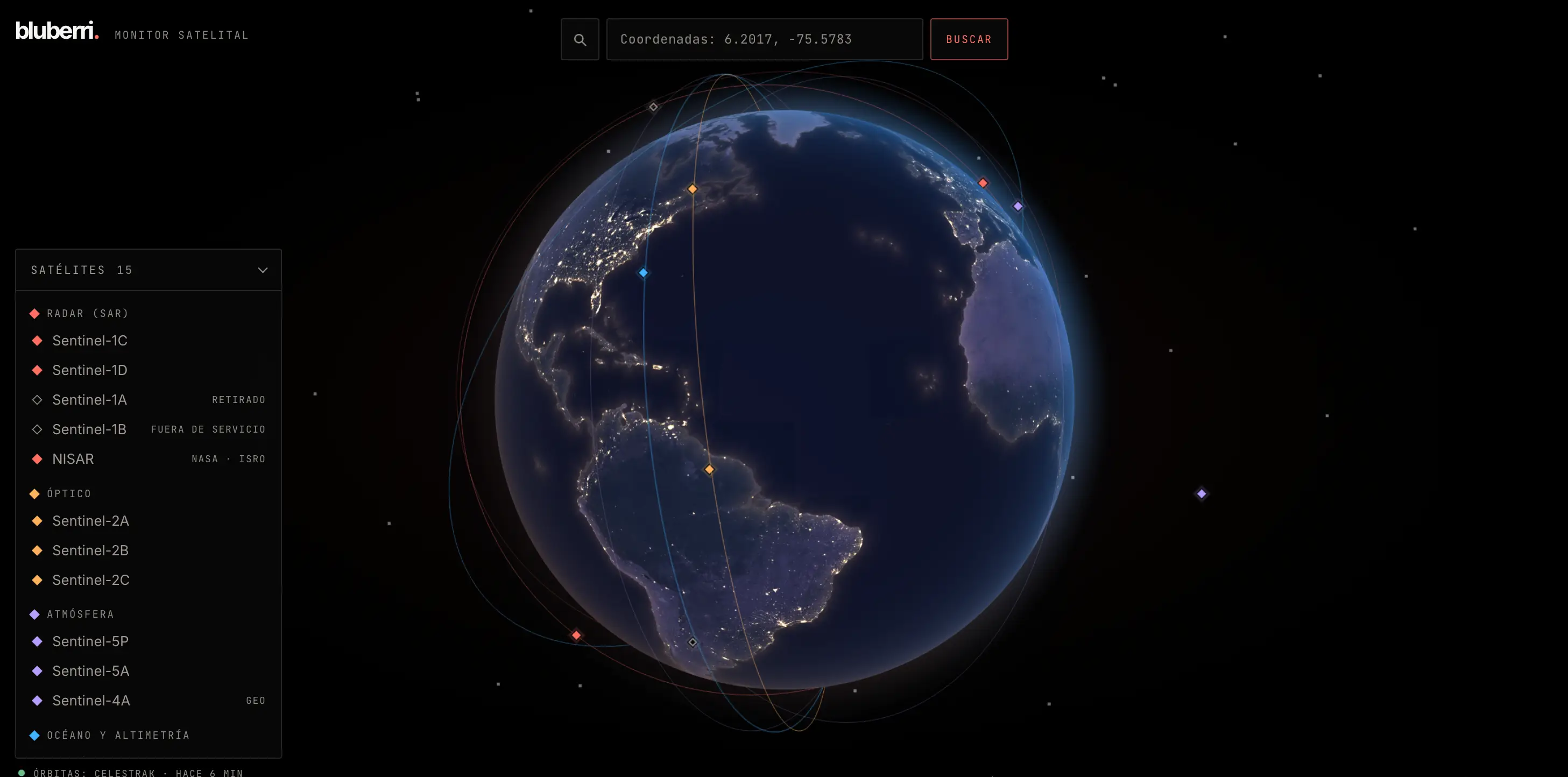 Monitor satelital: órbitas en vivo sobre el globo nocturno