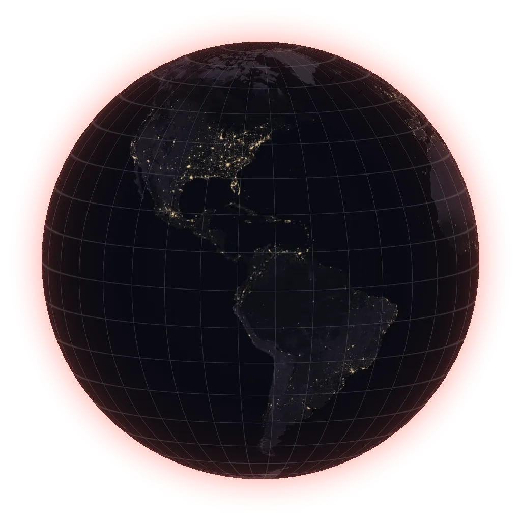Globo terráqueo nocturno centrado en Colombia con las ciudades que tienen artículos